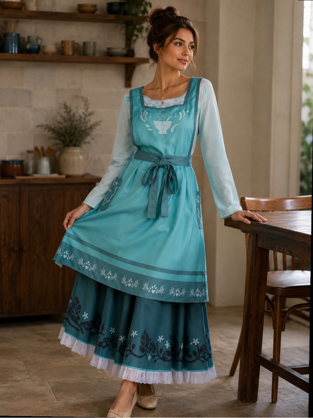 Disney Encanto Mama Julieta Costume Teal Blue Long-Sleeve Dress with Apron Tie